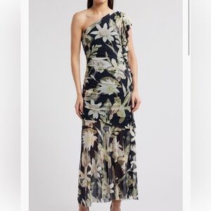 Floral Ruched Maxi Dress in Black and Cream